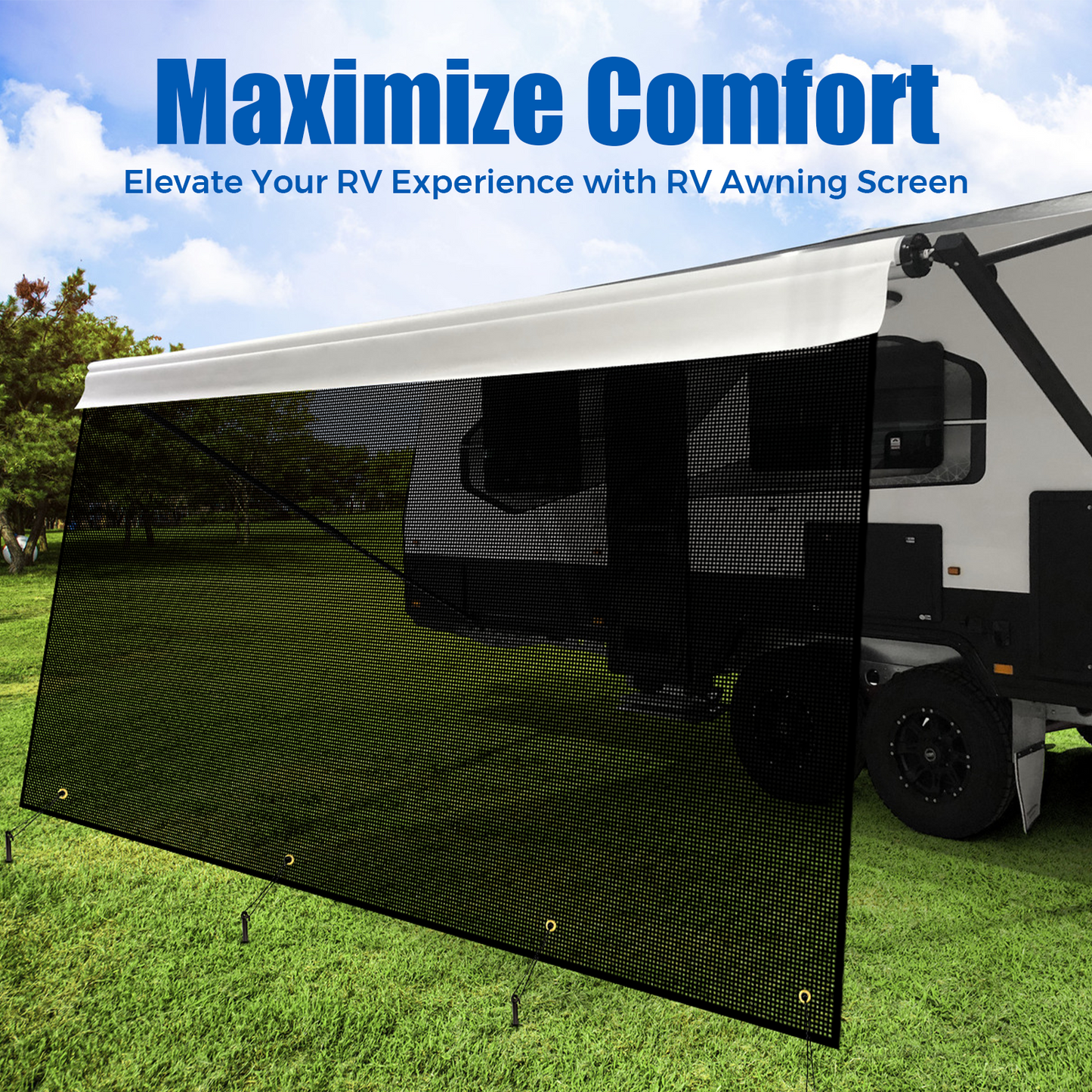 RV Awning Front Shade Screen 8' x 15' 3" Mesh - Complete Kit for Improved Shading and Privacy